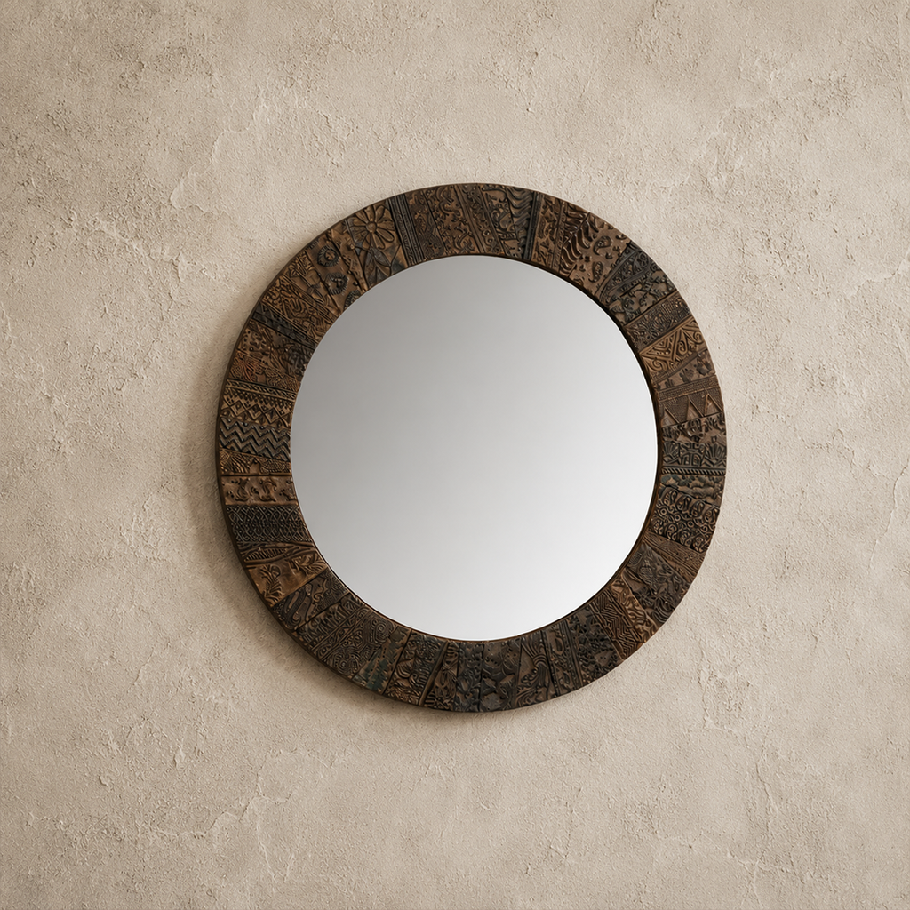 Woodblock Print Round Wall Mirror by Studio Vastu